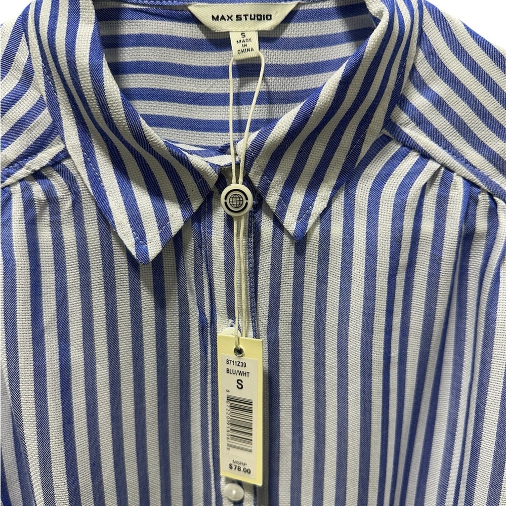 NWT Max Studio Blue and White Striped Casual Button Down Shirt - Picture 2 of 6